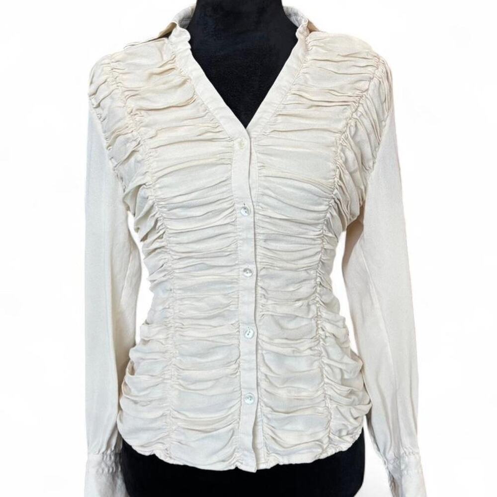 Y2K Silk Ruched Ivory Blouse – Romantic Victorian  [M]